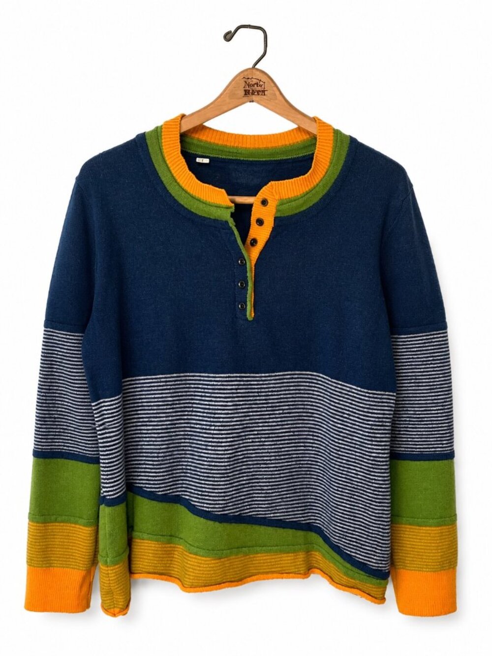Colorblock Womens Henley Sweater Navy Blue/Green/Yellow